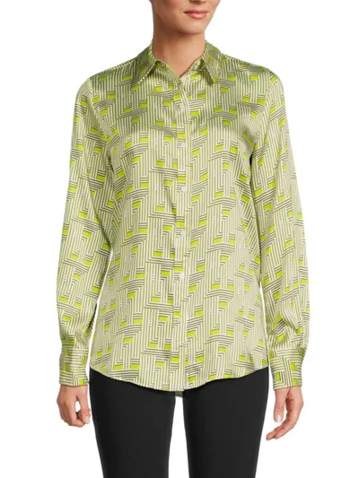 Karl Lagerfeld Women's Geometric Satin Button Down Shirt In Chartreuse