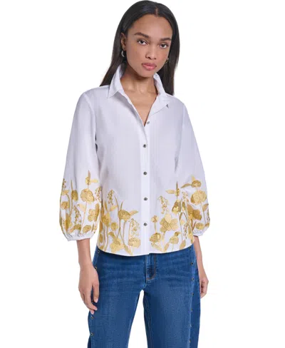 Karl Lagerfeld Women's Gold-tone Embroidery Puff Sleeve Button-front Blouse In White