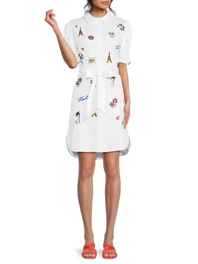 Karl Lagerfeld Women's Graphic Belted Mini Shirtdress In White