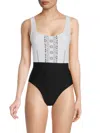 KARL LAGERFELD WOMEN'S GRAPHIC BUTTON ONE PIECE SWIMSUIT