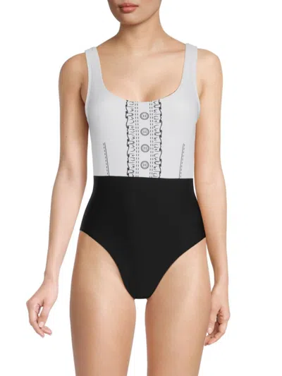 Karl Lagerfeld Women's Graphic Button One Piece Swimsuit In Soft White