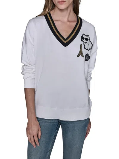Karl Lagerfeld Women's Graphic Embroidered Cotton-blend Sweater In White