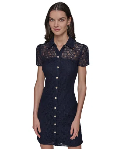 Karl Lagerfeld Women's Graphic Lace Shirtdress In Chambray Blue