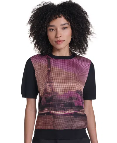 Karl Lagerfeld Women's Graphic-print Short-sleeve Sweater In Multi