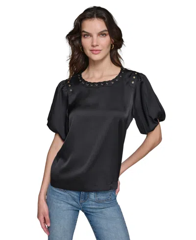 Karl Lagerfeld Women's Grommet Puff-sleeve Top In Black