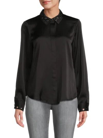 Karl Lagerfeld Women's Grommet Satin Button Down Shirt In Black