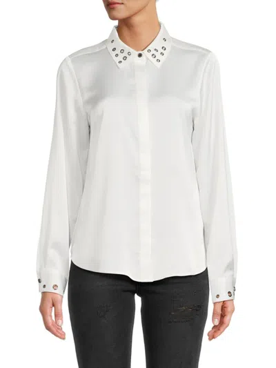 Karl Lagerfeld Women's Grommet Satin Button Down Shirt In Soft White