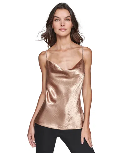 Karl Lagerfeld Womens Rhinestone Satin Camisole In Liquid Gold