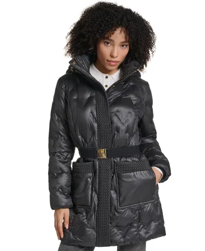 Karl Lagerfeld Women's Heat-seal Deatil Belted Long Puffer Coat In Black