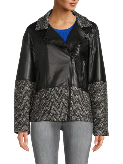 Karl Lagerfeld Women's Herringbone Wool Blend Faux Leather Moto Jacket In Black