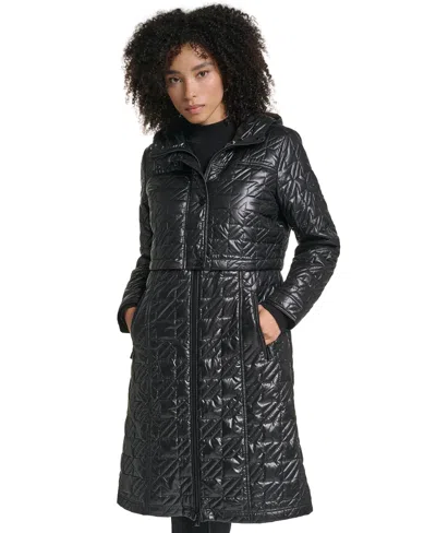 Karl Lagerfeld Women's Hooded Anorak Star Quilted Coat In Black