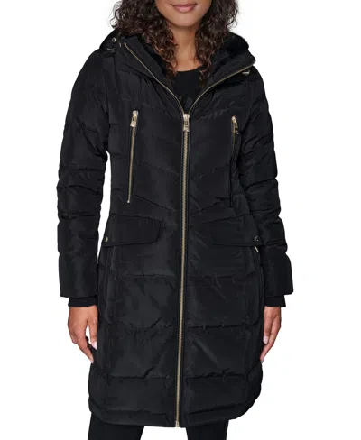 Karl Lagerfeld Women's Hooded Luxe Twill Detail Puffer Coat In Black