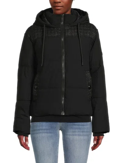 Karl Lagerfeld Women's Hooded Tweed Puffer Jacket In Black