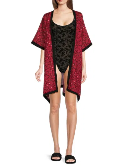 Karl Lagerfeld Women's Icon Print Open Front Robe In Burgundy