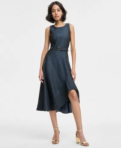 Karl Lagerfeld Women's Jewel-neck Belted Sleeveless Dress In Indigo