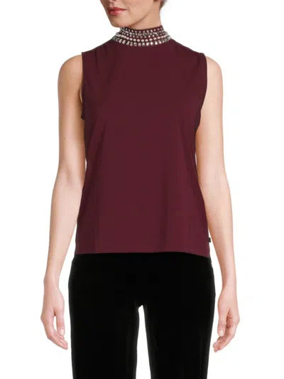 Karl Lagerfeld Women's Jewelneck Top In Wine