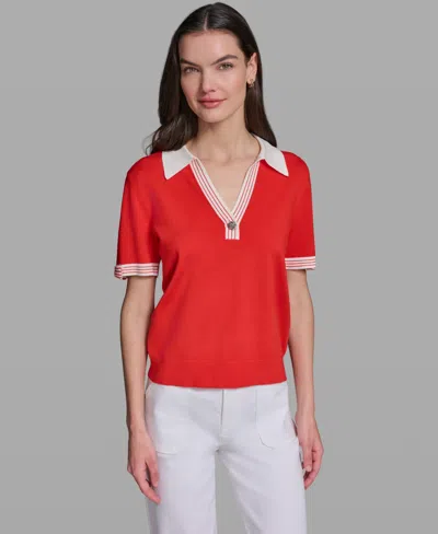 Karl Lagerfeld Paris Polo Collar Short Sleeve Sweater In Red