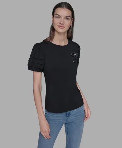 Karl Lagerfeld Women's K-pin Puff-sleeve Crewneck Top In Black