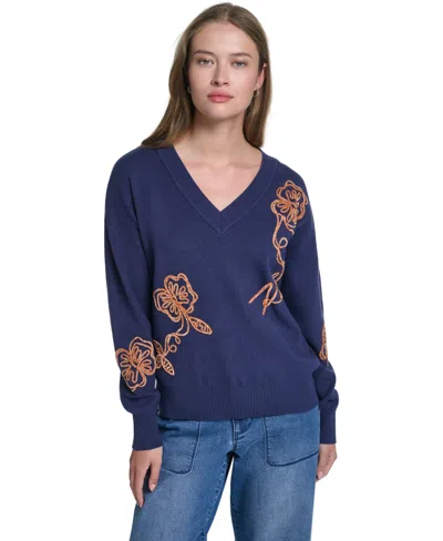 Karl Lagerfeld Women's Karl Floral Embroidery V-neck Sweater In Naval Academy,sepia