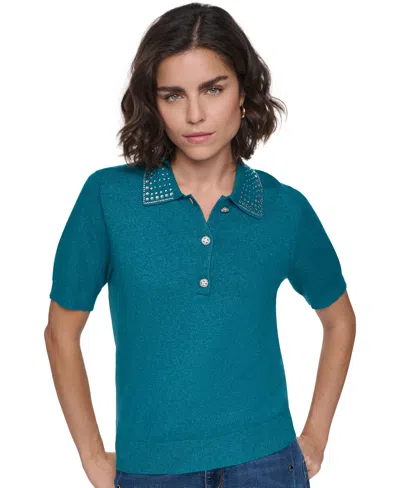 Karl Lagerfeld Women's Key Item Short-sleeve Embellished-collar Polo Shirt In Blue