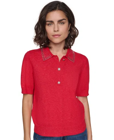Karl Lagerfeld Women's Key Item Short-sleeve Embellished-collar Polo Shirt In Red