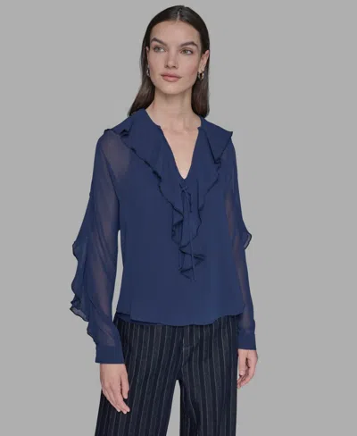 Karl Lagerfeld Loose Ruffle Blouse In Blue
