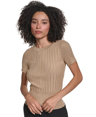 Karl Lagerfeld Womens Ribbed Fitted Crewneck Pullover Sweater In Brown