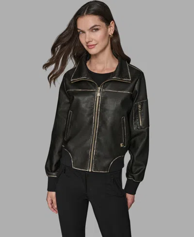 Karl Lagerfeld Women's Knit-trim Faux-leather Jacket In Black