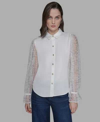 Karl Lagerfeld Women's Lace-sleeve Top In White