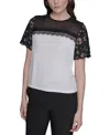 Karl Lagerfeld Women's Lace-trim Mixed-media Top In Gray