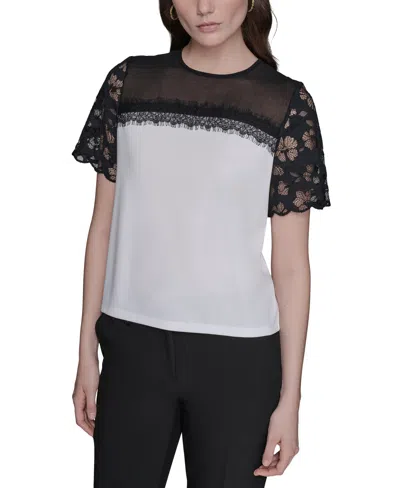 Karl Lagerfeld Women's Lace-trim Mixed-media Top In Gray