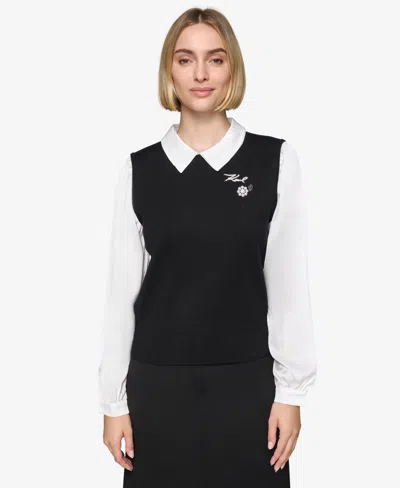 Karl Lagerfeld Women's Layered-look Charm Logo Sweater Top In Blk,wht