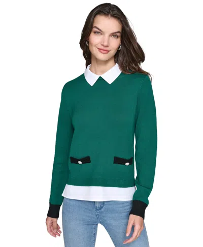 Karl Lagerfeld Petite Layered-look Shirt-collar Sweater In Veridian