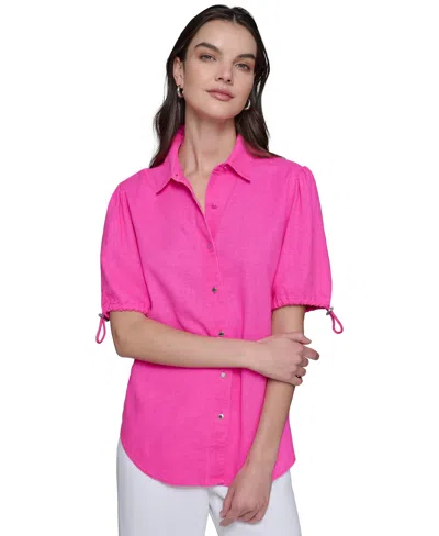Karl Lagerfeld Women's Linen-blend Bungee-sleeve Button-front Top, Regular & Petite In Bright Fuschia
