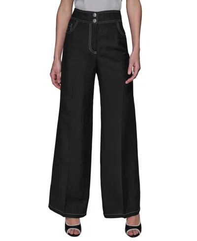 Karl Lagerfeld Women's Linen-blend Wide-leg Pants In Black