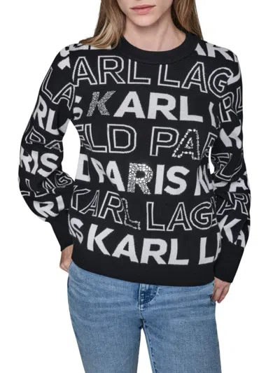 Karl Lagerfeld Women's Logo Crytsal-embellished Sweater In Black
