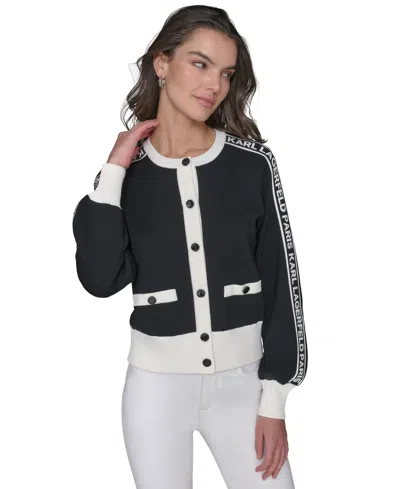 Karl Lagerfeld Women's Logo-tape Cardigan In Black  Soft White