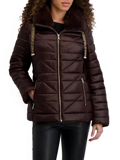 Karl Lagerfeld Women's Logo Tape Puffer Jacket With Faux Fur Collar In Brown