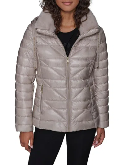Karl Lagerfeld Women's Logo Tape Puffer Jacket With Faux Fur Collar In Gray