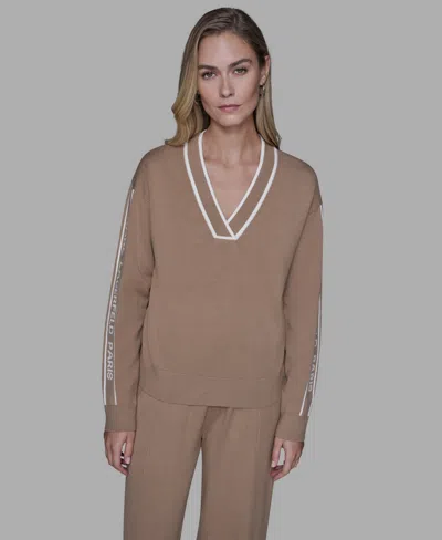 Karl Lagerfeld Women's Logo Tape V-neck Sweater In Brown