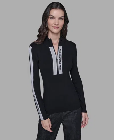 Karl Lagerfeld Women's Logo Tape Zip-up Sweater In Black
