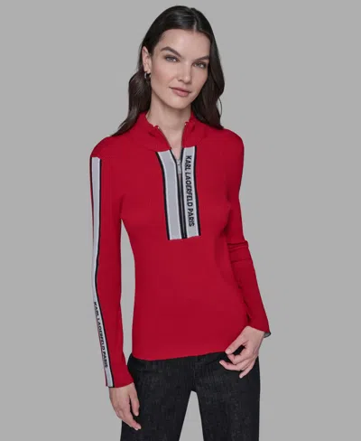 Karl Lagerfeld Women's Logo Tape Zip-up Sweater In Red