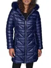 Karl Lagerfeld Women's Long Chevron Quilted Coat With Faux Fur Hood In Blue