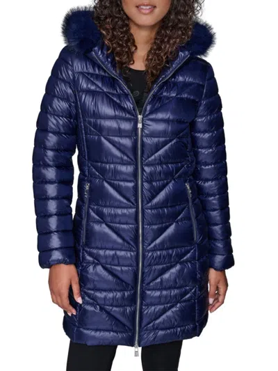Karl Lagerfeld Women's Long Chevron Quilted Coat With Faux Fur Hood In Blue