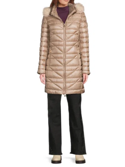 Karl Lagerfeld Women's Long Chevron Quilted Coat With Faux Fur Hood In Neutral