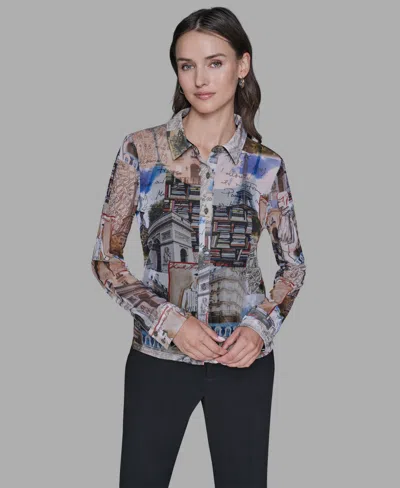 Karl Lagerfeld Women's Long-sleeve Collared Blouse In Blue