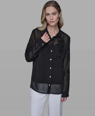 Karl Lagerfeld Women's Long-sleeve Embroidered Flower Blouse In Black