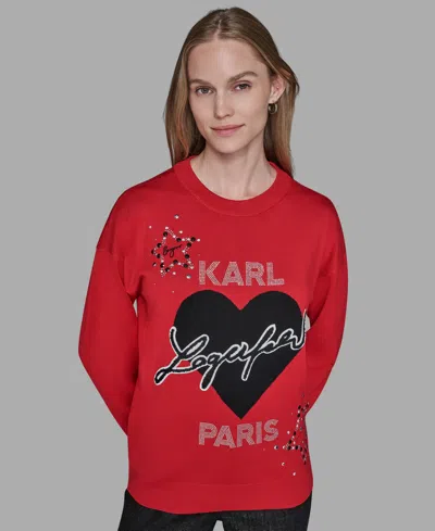 Karl Lagerfeld Women's Long Sleeve Heart Detail Sweater In Red