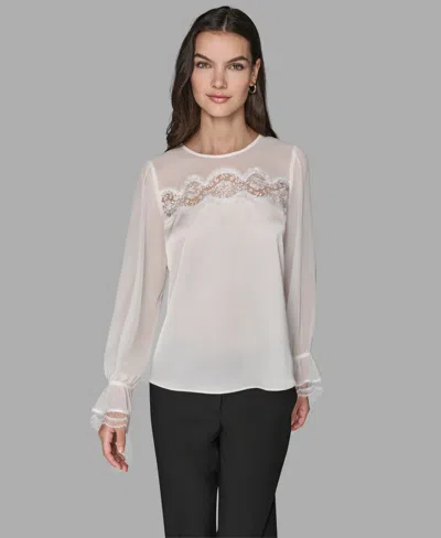 Karl Lagerfeld Women's Long Sleeve Lace Top In White