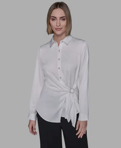 Karl Lagerfeld Women's Long Sleeve Surplice Ring Detail Top In White